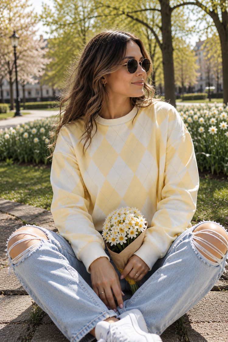 Bluza w romby - kremowy + cytrynowy pastel