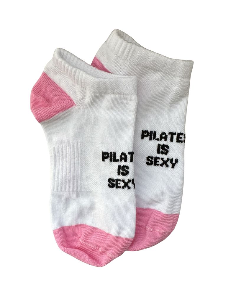Skarpetki stopki - białe z różowym, napis PILATES IS SEXY