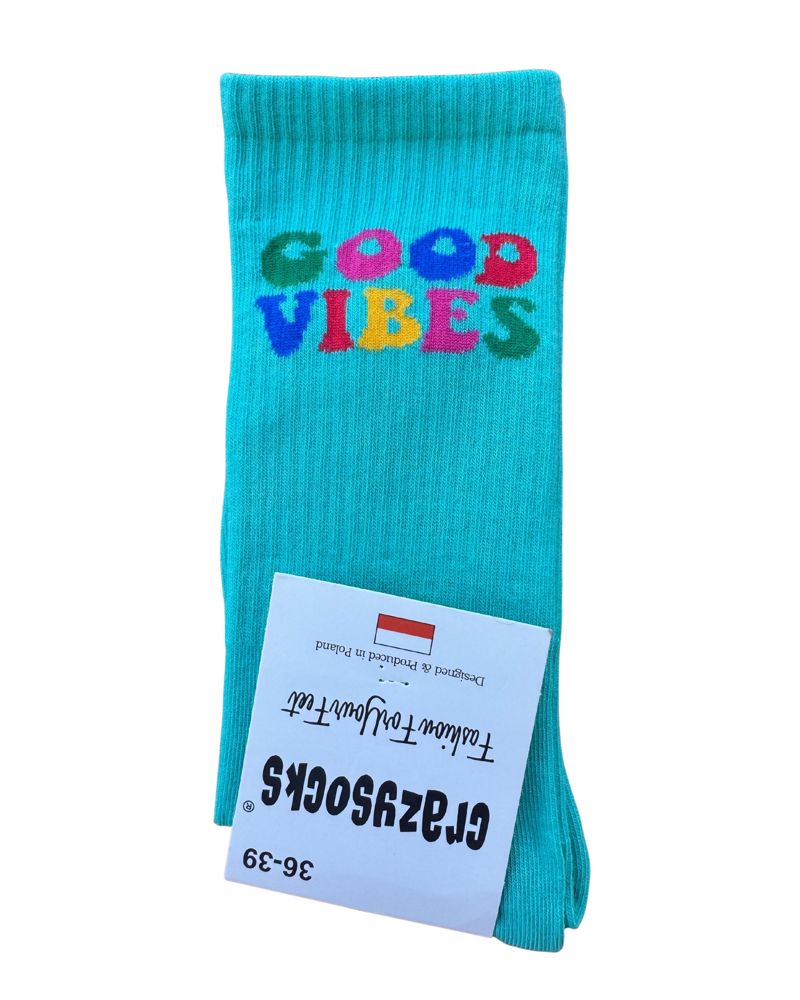 Skarpetki długie - morska zieleń z napisem GOOD VIBES