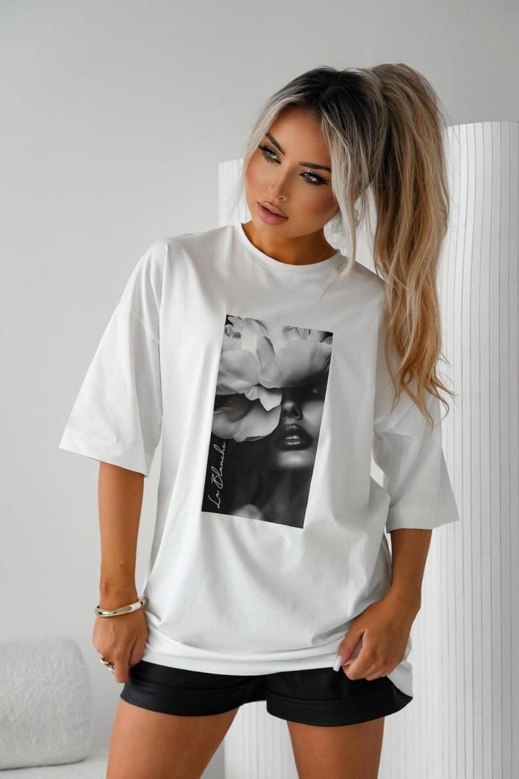 T-shirt Głowa w kwiatach (czarno-biała) - biała koszulka
