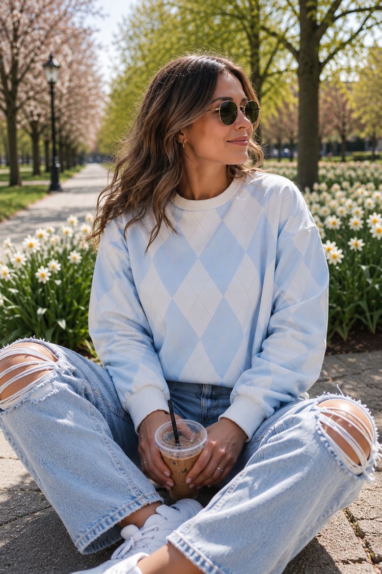 Bluza w romby - kremowy + baby blue